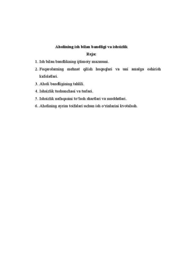 Aholining ish bilan bandligi va ishsizlik