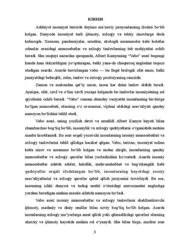 Albert Kamyuning "Vabo" asaridagi insoniy munosabatlar va axloqiy tanlovlar - Image 3