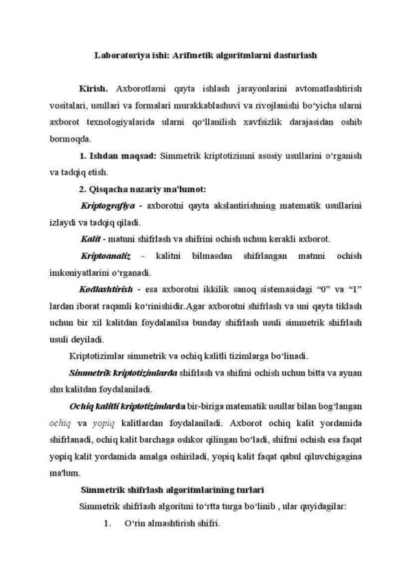 Laboratoriya ishi: Arifmetik algoritmlarni dasturlash