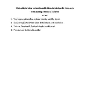 Dala ekinlarining optimal namlik bilan ta'minlanishi ekinzorda o‘simlikning fotosintez faoliyati