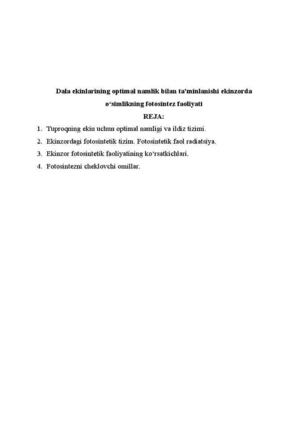 Dala ekinlarining optimal namlik bilan ta'minlanishi ekinzorda o‘simlikning fotosintez faoliyati