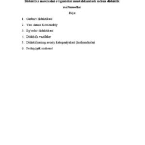Didaktika mavzusini o'rganishni mustahkamlash uchun didaktik ma'lumotlar