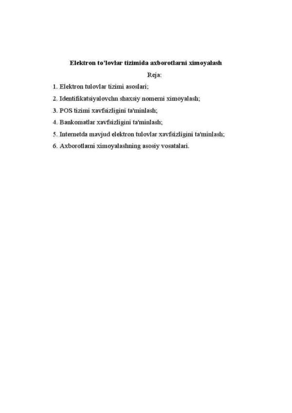 Elektron to'lovlar tizimida axborotlarni ximoyalash