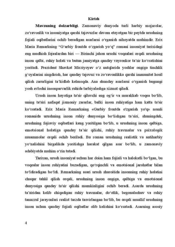 Erix Maria Remarkning "G'arbiy frontda o'zgarish yo'q" antiharbiy va realistik romanida urushning inson ruhiy dunyosiga ko'rsatgan ta'siri va urushning fojiaviy oqibatlari - Image 4
