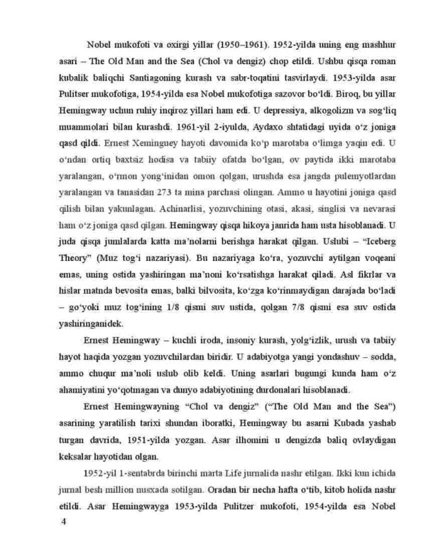 Ernest Heminguey "Chol va Dengiz" asarida insonning irodasi va yolg'izlikdagi ichki kechinmalari haqida - Image 4