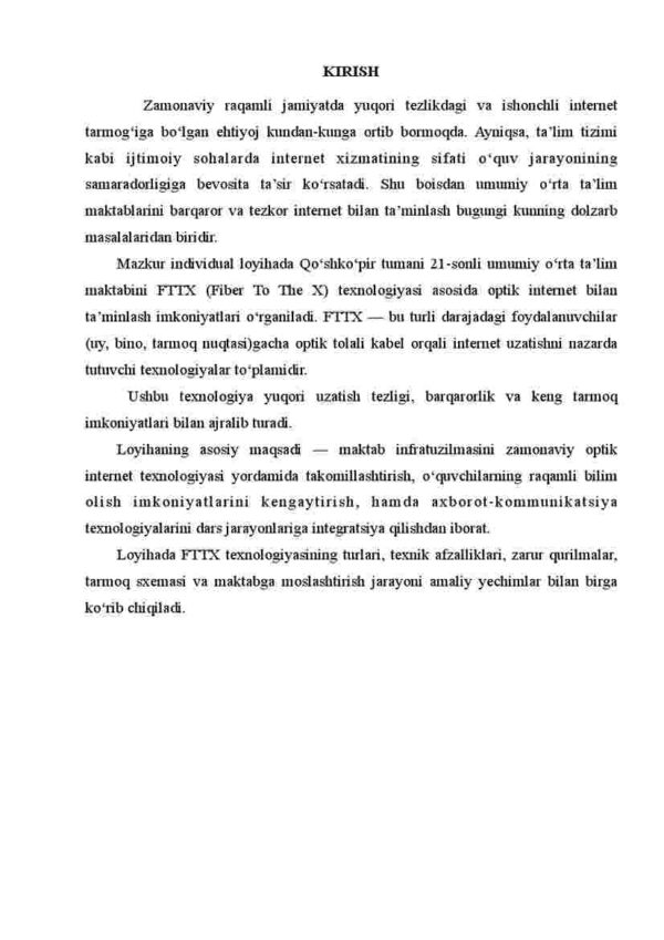 Qo'shko'pir tumani 21-sonli umumiy o'rta ta'lim maktabini FTTX texnologiyasi asosida optik internet bilan ta'minlash - Image 3