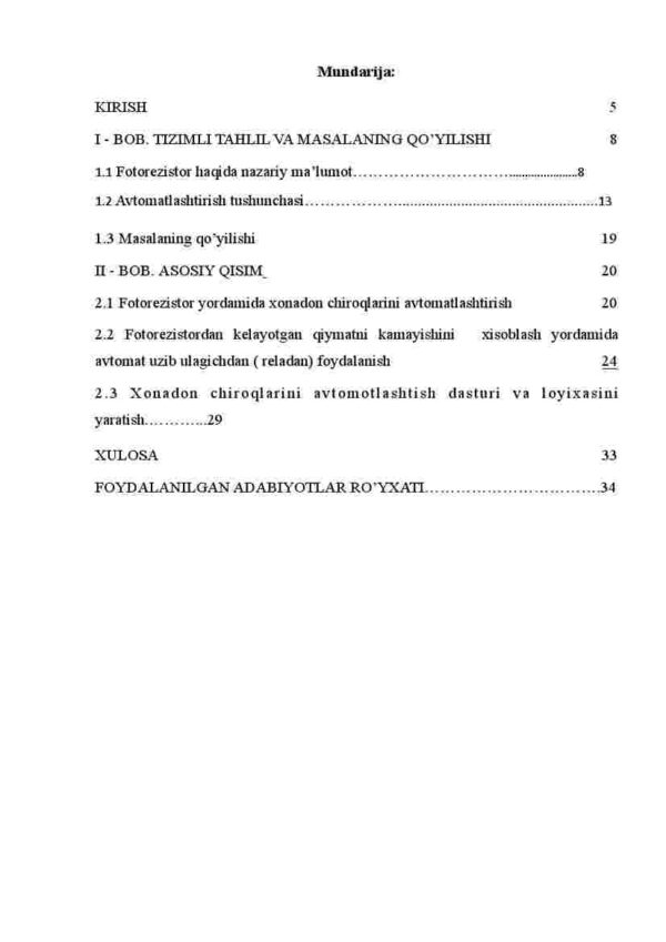 Fotorezistrdan kelayotgan qiymatni kamayishini hisoblash yordamida Avtomat uzib ulagichdan foydalanib xonodon chiroqlarini avtomatlashtirish dasturi va loyixasini yaratish - Image 2