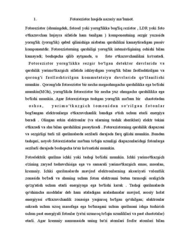 Fotorezistrdan kelayotgan qiymatni kamayishini hisoblash yordamida Avtomat uzib ulagichdan foydalanib xonodon chiroqlarini avtomatlashtirish dasturi va loyixasini yaratish - Image 4