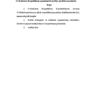 O'zbekiston Respublikasi qonunlarida harbiy qurilish masalalari