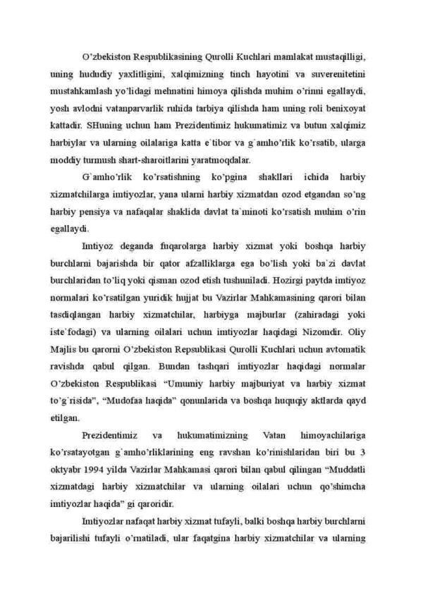 Harbiy xizmatchilar va ularning oila a'zolariga davlat ta'minoti va ularga beriladigan imtiyozlari - Image 2