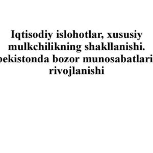 Iqtisodiy islohotlar, xususiy mulkchilikning shakllanishi.O'zbekistonda bozor munosabatlarining rivojlanishi