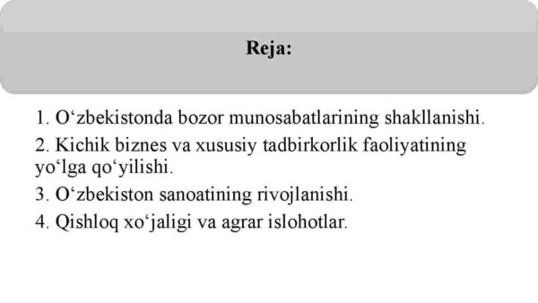 Iqtisodiy islohotlar, xususiy mulkchilikning shakllanishi.O'zbekistonda bozor munosabatlarining rivojlanishi - Image 2