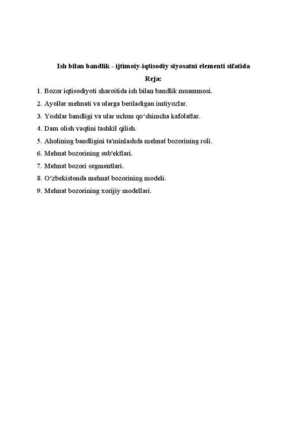 Ish bilan bandlik - ijtimoiy-iqtisodiy siyosatni elementi sifatida