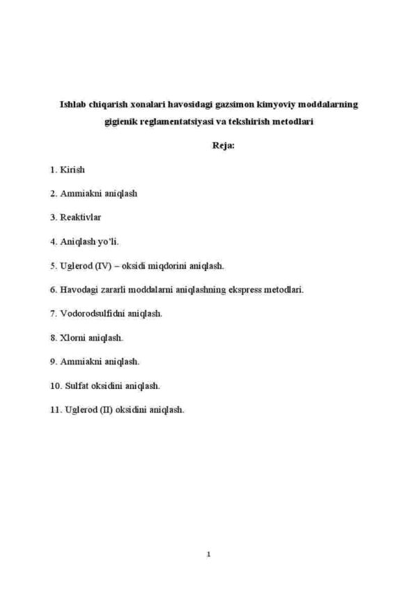 Ishlab chiqarish xonalari havosidagi gazsimon kimyoviy moddalarning gigienik reglamentatsiyasi va tekshirish metodlari