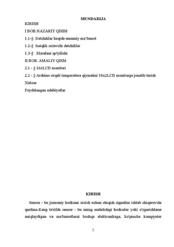 Issiqxona harorati 15 gradusda ushlab turuvchi tizimni dastur va loyixasini yaratish xonadagi temperature qiymatini 16x2 LCD monitoriga 2 second orasida jo'natib turish dasturini yaratish - Image 2
