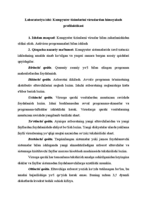 Laboratoriya ishi: Kompyuter tizimlarini viruslardan himoyalash profilaktikasi