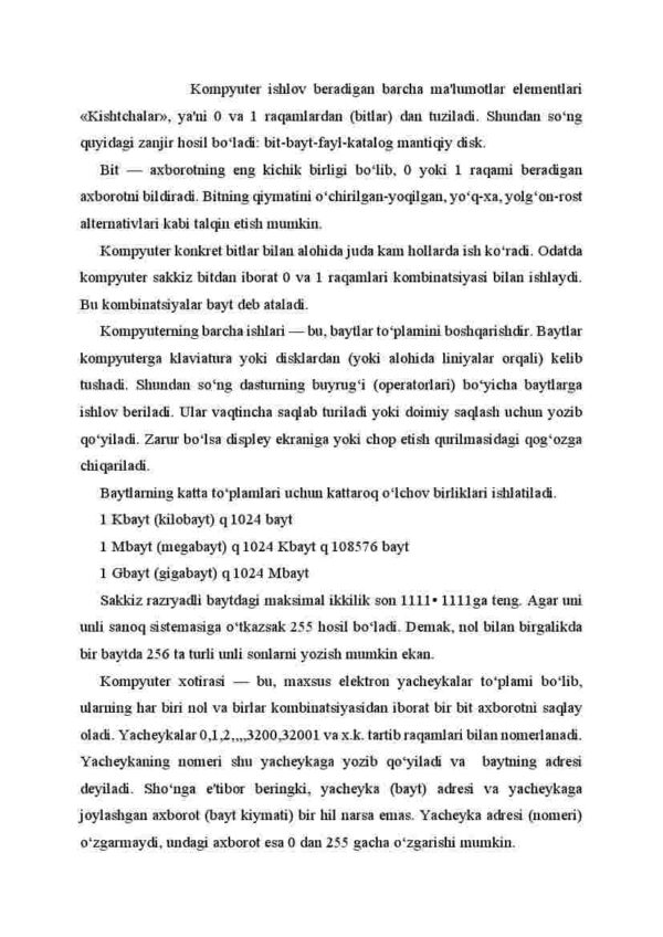 Kompyuterda ma'lumotlarni tashkil etish va saqlash. Axborot o'lchov birliklari - Image 2
