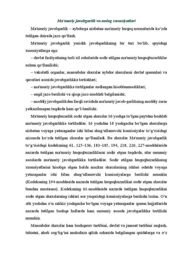 Ma'muriy javobgarlik va uning xususiyatlari