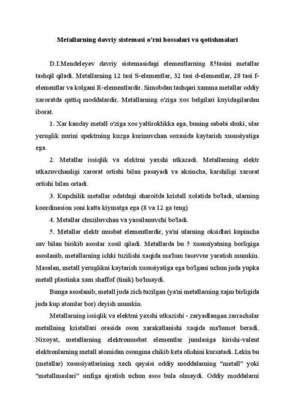 Metallarning davriy sistemasi o'rni hossalari