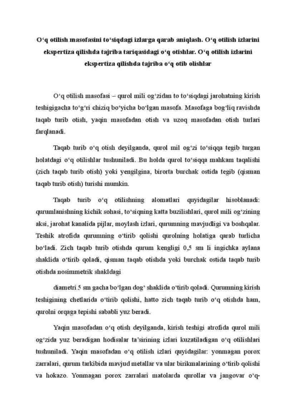O'q otilish masofasini to'siqdagi izlarga qarab aniqlash. O'q otilish izlarini ekspertiza qilishda tajriba tariqasidagi o'q otishlar. O'q otilish izlarini ekspertiza qilishda tajriba o'q otib olishlar