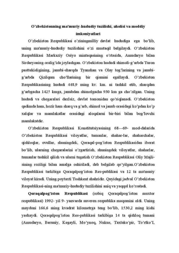 O'zbekistonning ma'muriy-hududiy tuzilishi, aholisi va moddiy imkoniyatlari