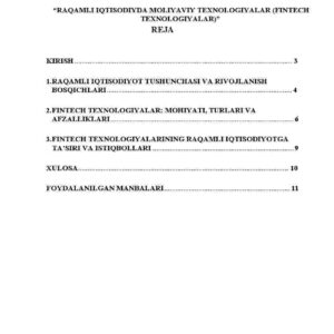 Raqamli iqtisodiyda moliyaviy texnologiyalar (Fintech texnologiyalar)