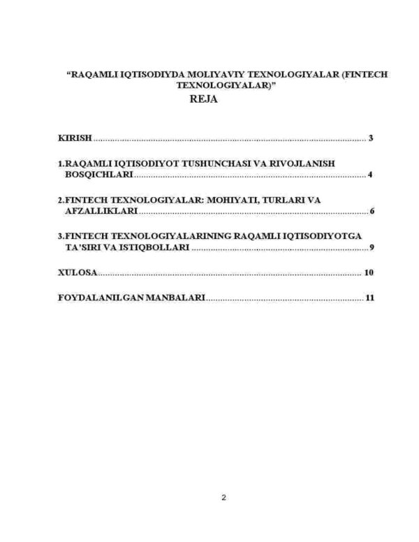Raqamli iqtisodiyda moliyaviy texnologiyalar (Fintech texnologiyalar)