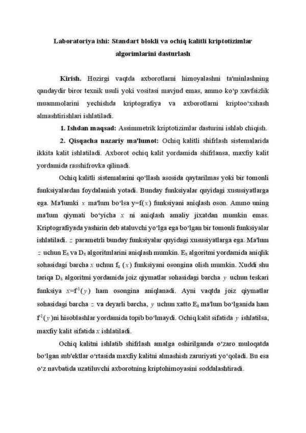 Laboratoriya ishi: Standart blokli va ochiq kalitli kriptotizimlar algorimlarini dasturlash