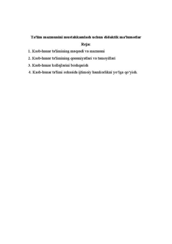 Ta'lim mazmunini mustahkamlash uchun didaktik ma'lumotlar