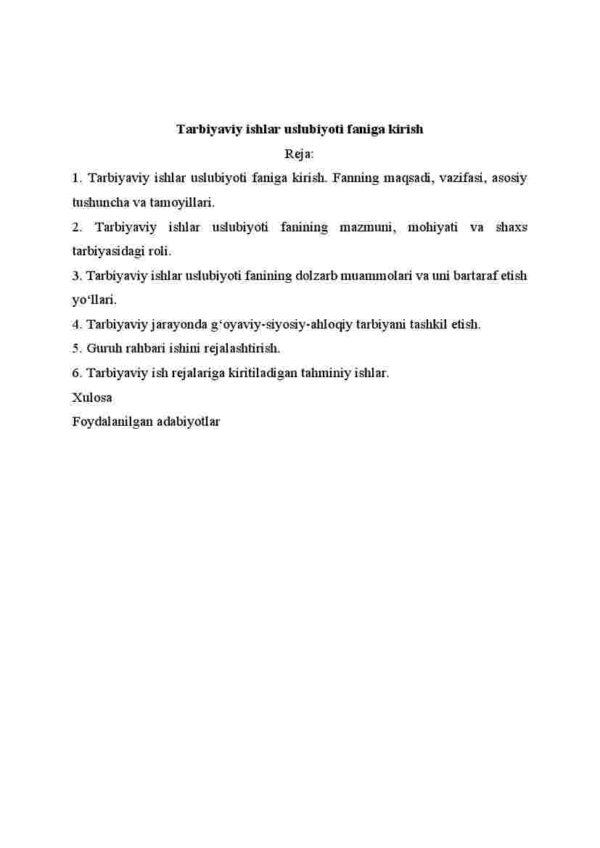 Tarbiyaviy ishlar uslubiyoti faniga kirish