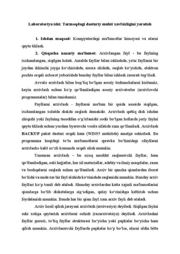 Laboratoriya ishi: Tarmoqdagi dasturiy muhit xavfsizligini yaratish