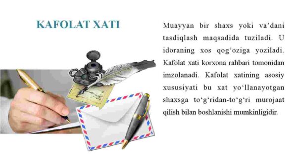 Xizmat yozishmalari: kafolat xati, tasdiq xati, farmoyish xati, so'rov xati - Image 2