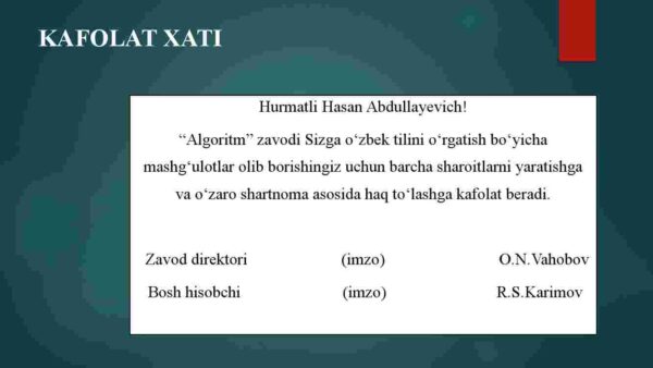 Xizmat yozishmalari: kafolat xati, tasdiq xati, farmoyish xati, so'rov xati - Image 4