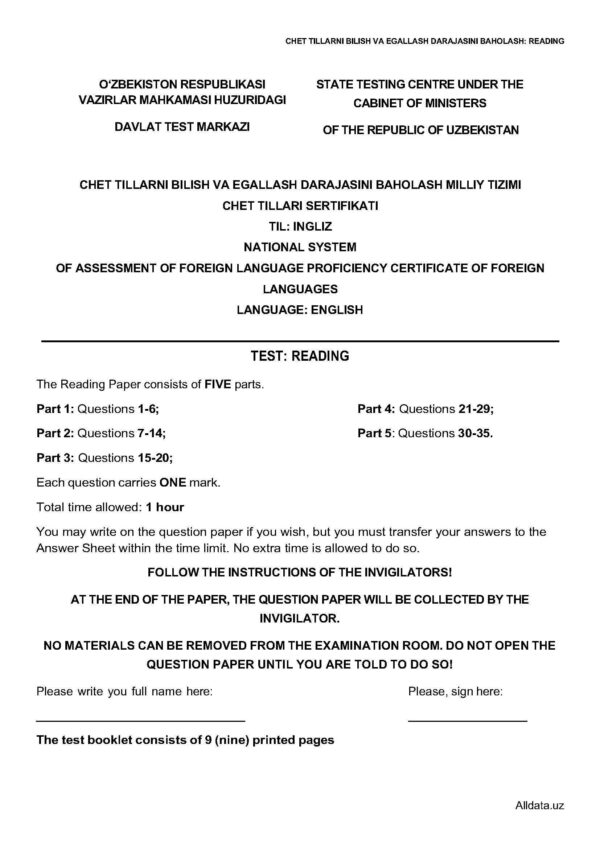 Multilevel Mock testiga tayyorlanish uchun reading test