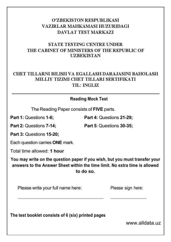 Multilevel Mock testiga tayyorlanish uchun reading test javoblari bilan