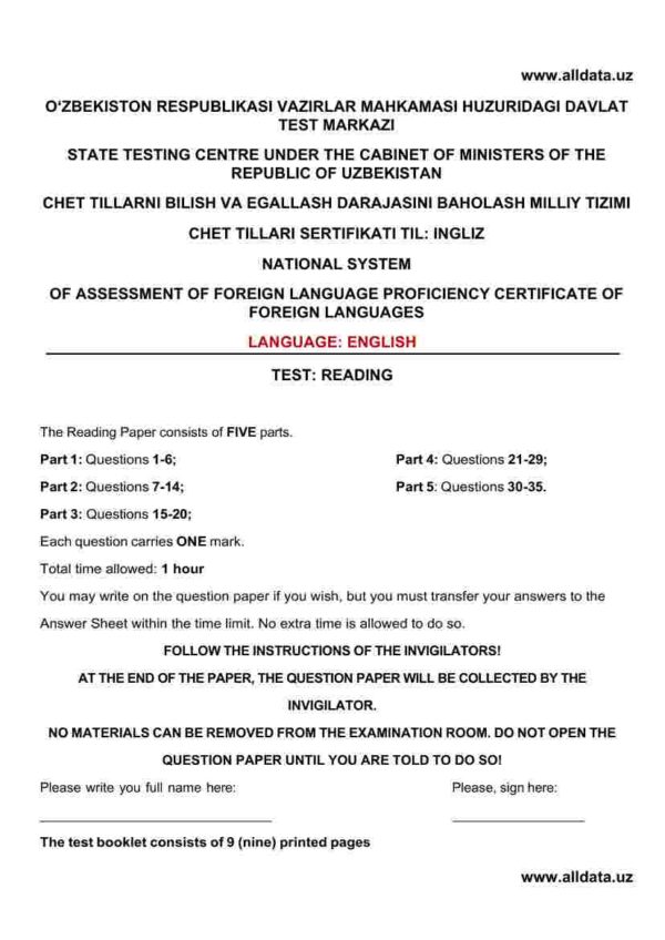 Multilevel Mock testiga tayyorlanish uchun reading test javoblari bilan