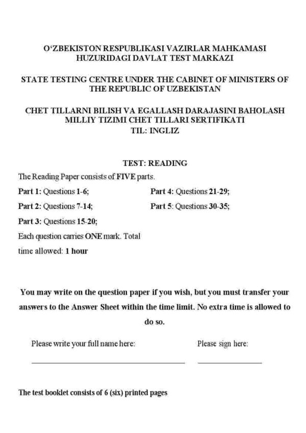 Multilevel Mock testiga tayyorlanish uchun reading test javoblari bilan (2025)