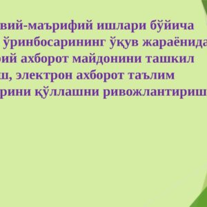 Ma'naviy-ma'rifiy ishlari bo‘yicha direktor o‘rinbosarining o‘quv jarayonida dasturiy axborot maydonini tashkil etish, elektron axborot ta'lim resurslarini qo‘llashni rivojlantirish