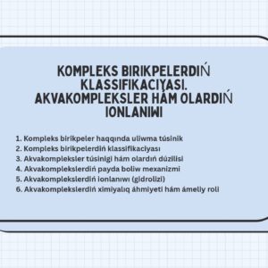 Kompleks birikmalarning klassifikatsiyasi. Akvakomplekslar va ularning ionlanishi