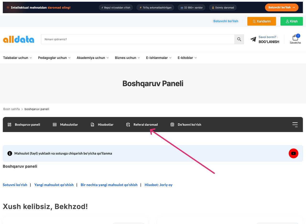 Boshqaruv panelida Referal daromad bo'limi