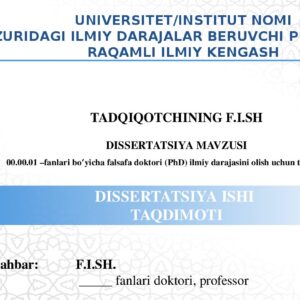 PhD seminar va himoyasi uchun professional taqdimot shabloni