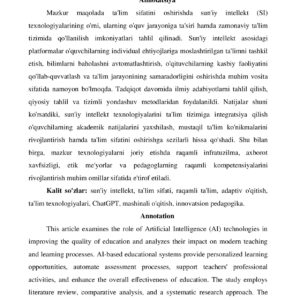TA'LIM SIFATINI OSHIRISHDA SUN'IY INTELLEKT TEXNOLOGIYALARI O'RNI